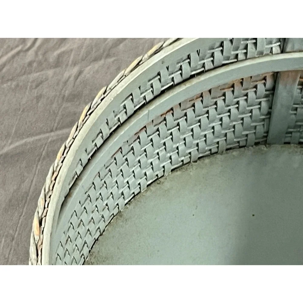 Vintage Woven Round Storage Sewing Container Box Blue Floral Lid Rope Handles - Picture 7 of 9